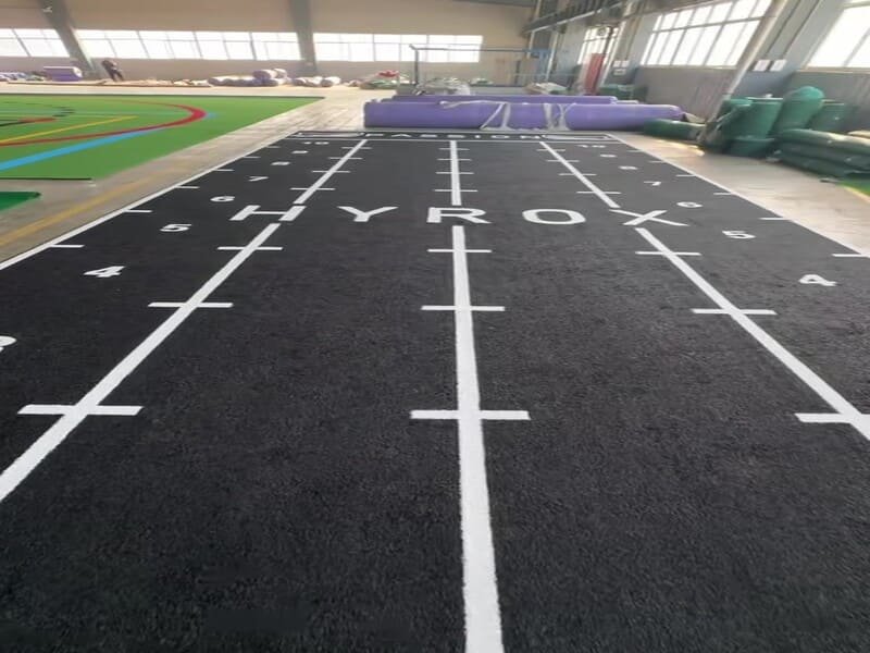 A split view showing the same turf installed in a sunny outdoor CrossFit area and a sleek indoor gym facility